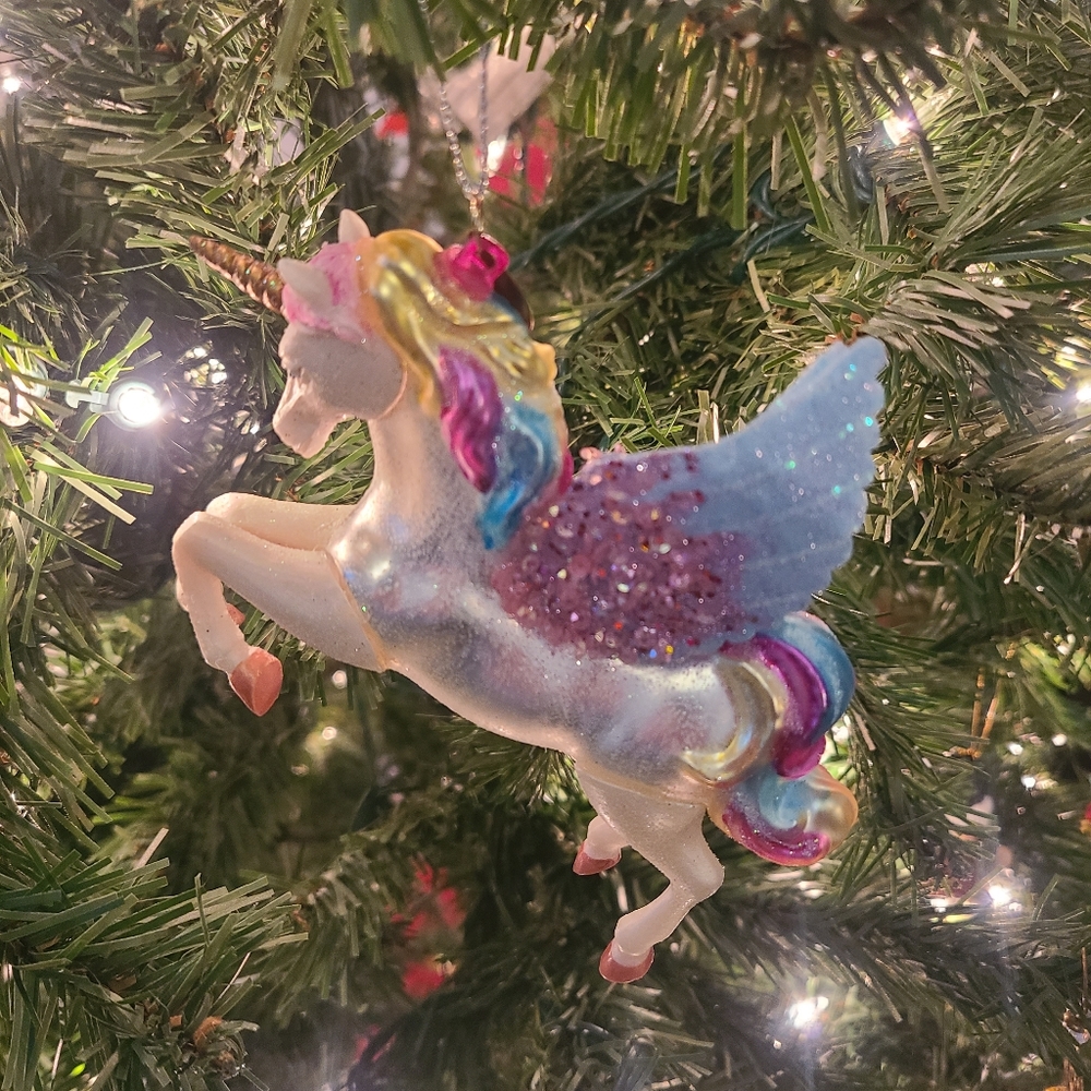 2017 Unicorn Rainbow Horse Wings‎ Glass Felt Glitter Christmas Ornament